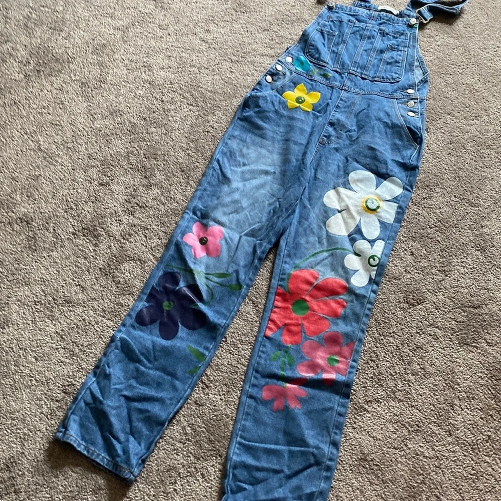 Misslook Floral Painted Denim Overalls Light Wash Blue Wide Leg Casual SIZE S